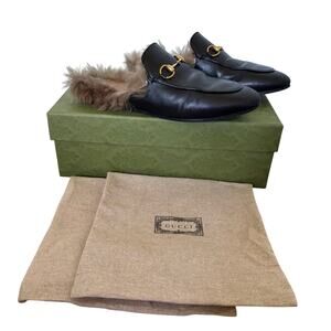 Gucci Princetown Horsebit Fur Lined Flat Loafer Mule Black Leather Size EU 38.5